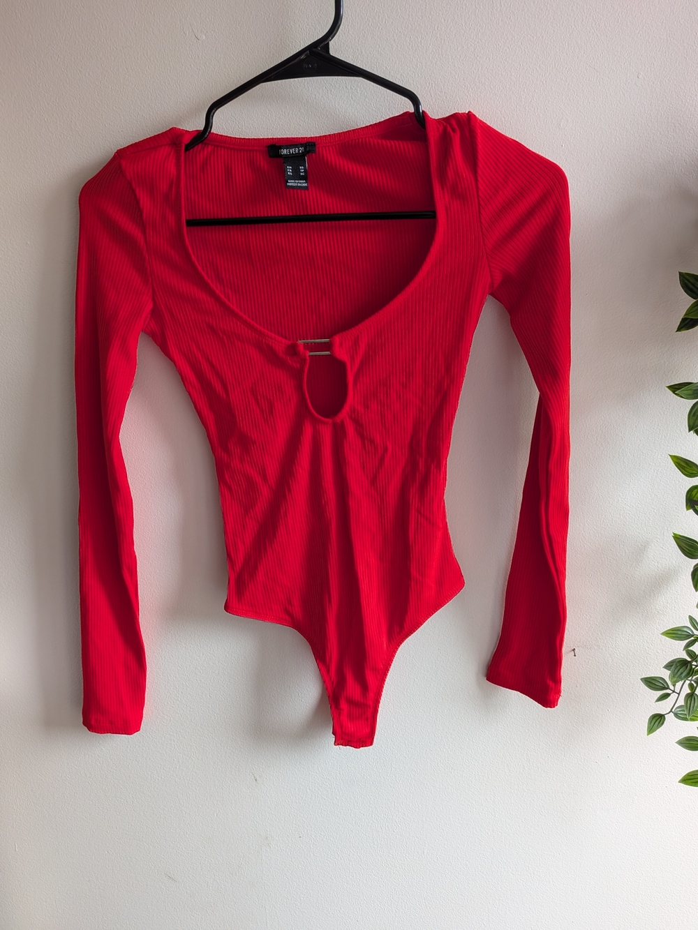 Forever 21 Bright Red Ribbed Long-Sleeve Scoop Neck Bodysuit In Excellent Condi